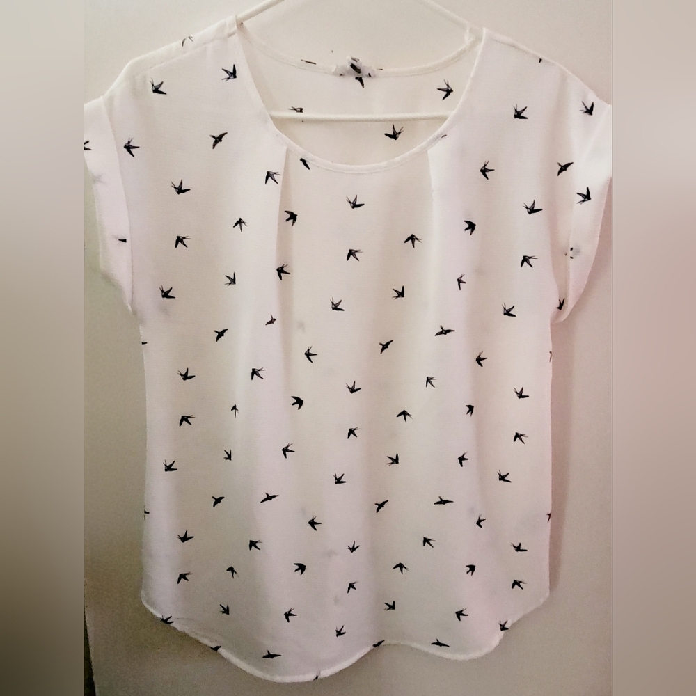 Ardene White Blouse with Navy Bird Pattern